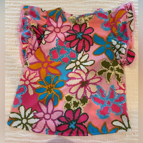 Tops - Multicolor Vibrant‎ Floral Print Trimmed Ruffle Sleeve Blouse M Women's